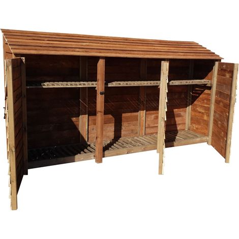 Wooden Log Store, W335xH180cm (Brown finish) With doors and With Kindling Shelf