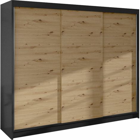 Mobilier1 – Armoire coulissante 3 portes noir et chêne artisan – 215x200x58 cm – 9 étagères stratifiées – Fabriquée en Europe