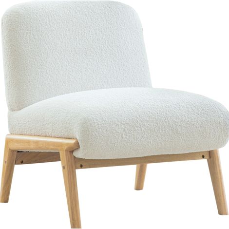 Fauteuil lounge sans accoudoirs en tissu chenille ivoire avec pieds en bois massif (1/5)