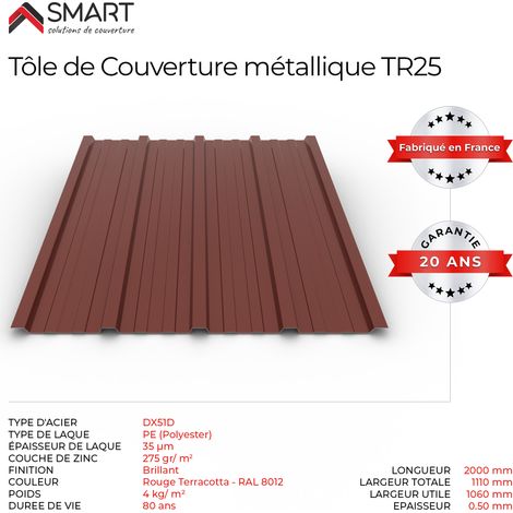 Tôle bac acier - Toiture - Couverture - plaque TR25 Coloris Rouge Terracotta RAL 8012 Dimensions 2000x1110x0.50mm (1/5)