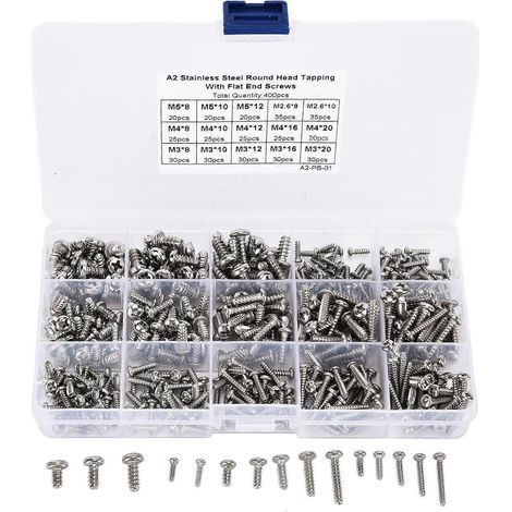 Kit d'assortiment de 400 vis autotaraudeuses à tête cruciforme en acier inoxydable (1/4)