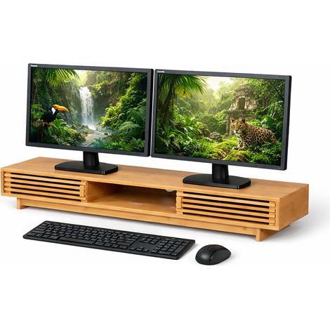 Monitorständer mit 3 Fächern, Bambus-Finish