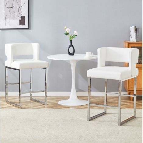 Taburete de bar nórdico de PU blanco y metal plateado, H 91,4 cm, diseño moderno (1/5)