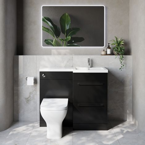 Napoli 390 Matt Black 1000mm 2 Drawer Vanity Unit Toilet Suite with Right Hand Square Lucia Basin - 1000mm - Chrome 320mm HandleWith Kingston Toilet Pan and Seat