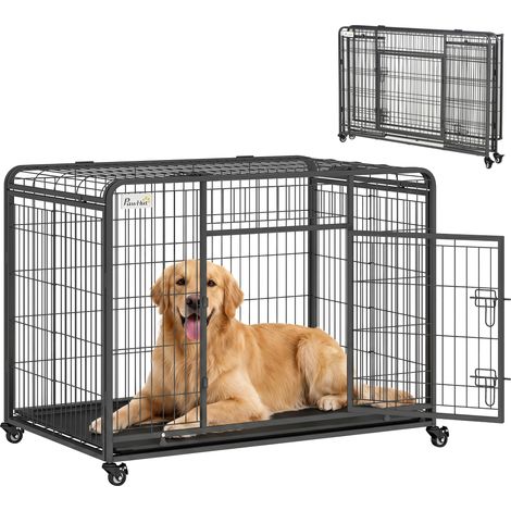 Kennel Gabbia per Cani Pieghevole a Doppia Porta con Blocco, Box per Cani con 4 Ruote con Freno e Fondo Rimovibile, 109.5x71x78cm, Grigio Scuro (1/5)