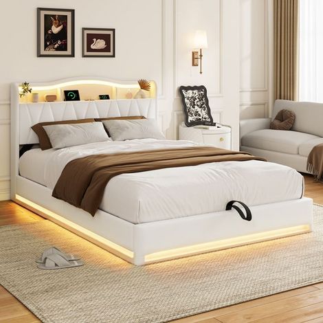 Lit coffre 2 places - 140x200 cm avec LED et station USB - Velours crème - Tête de lit relevable - Rangements intégrés (1/5)