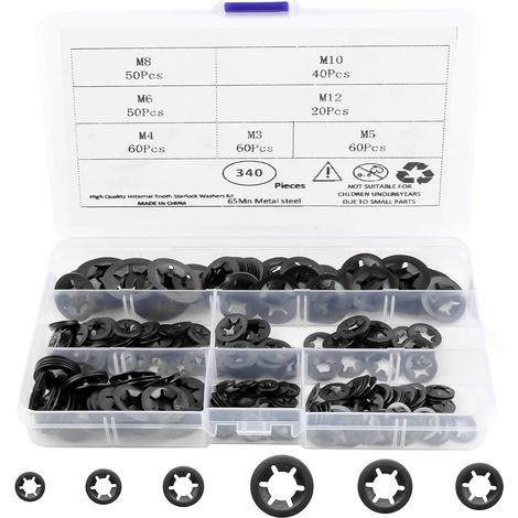 Rondelles Starlock Acier 65Mn - 340 Pièces - Noir M3 à M12 - Fixation Rapide Anti-vibration - Atelier Auto Maison - 7 Tailles (1/5)