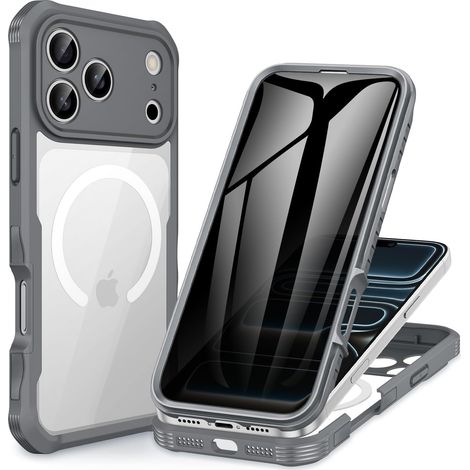 Magnétique Anti Espion Coque iPhone 17 Pro Max [Compatible avec MagSafe] intégré 9H Verre Trempé Protection écran et Protection Caméra, Antichoc Téléphone Housse Case Intégrale Etui - Gris (1/5)