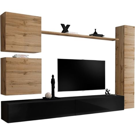 Conjunto de muebles de salón mural SWITCH VIII. Mueble de TV mural de diseño, color negro brillante y roble Wotan.