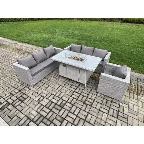 Fimous 7 Seater Outdoor Garden Dining Sets Rattan Furniture Gas Fire Pit Dining Table Gas Heater with Armchair Light Grey (1/5)