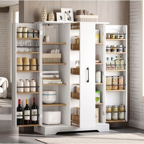 Buffet de cuisine blanc avec range-épices, 4 niveaux coulissants, MDF, 120 x 78 x 35 cm (1/5)