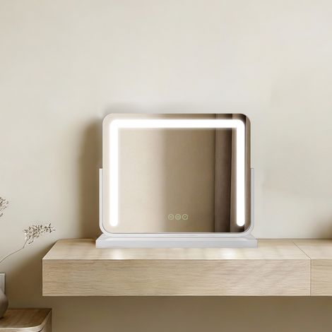EMKE Kosmetikspiegel 42x50cm Quadratisch Schminkspiegel LED 3 Lichtfarben Dimmbar Touch Steuerung 360° drehbar Weiß