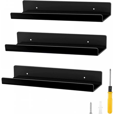 Estante flotante de acrílico - 38 cm - Estante de pared para baño y expositor de juguetes pequeños - Negro - 3 unidades (1/5)