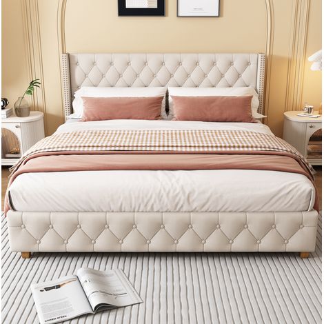 Bett Doppelbett Polsterbett 180x200 Leinen Beige OKMYHOME (1/5)