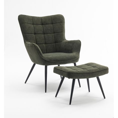 Vera Linen / Velvet Occasional Lounge Living Room Accent Chair Armchair Metal Legs Green Velvet with Footstool