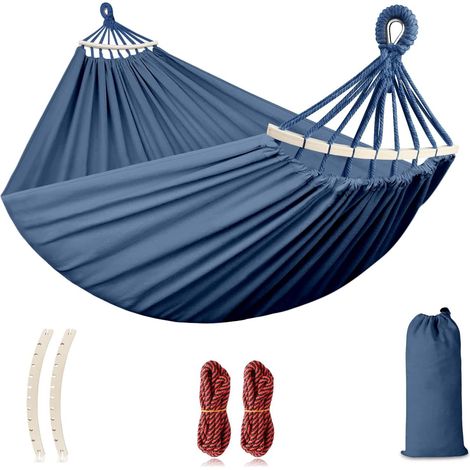 Filiyano-Hamac de camping portable, hamac en coton anti-enroulement pour jardin (bleu foncé/220 x 150 cm) (1/4)