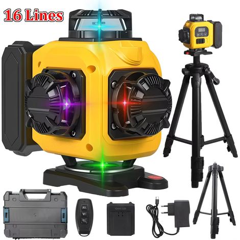 Niveau laser 4D à 16 lignes avec télécommande, faisceau 4 couleurs, rotation horizontale/verticale à 360°, IP54, outil de mesure laser. (1/5)