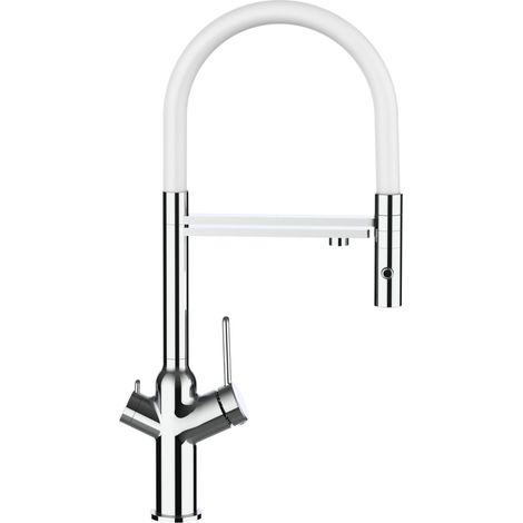Rubinetto 3 vie miscelatore cucina cromato con canale separato per acqua filtrata, canna bianca movibile e doccia due getti staccabile - serie BOD (1/5)