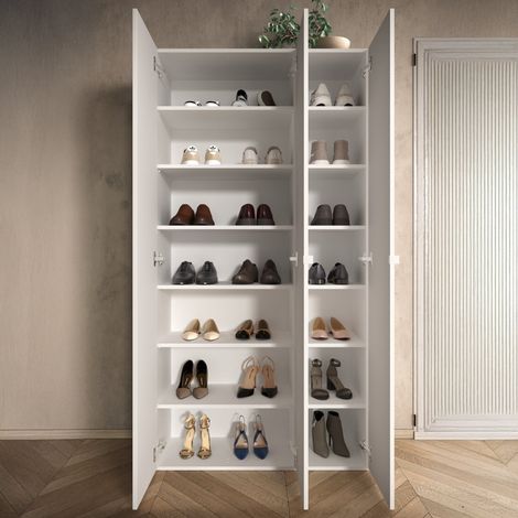 Schuhregal Pertiche, Schuhschrank für 28 Paar, 12 Böden Made in Italy, 3 Türen, 95x35x186h cm Hochglanz Weiß (1/5)