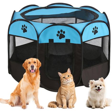 Enclos pour chiots et chats - 74 x 74 x 43 cm - Pour l'extérieur et l'intérieur - Pour petits animaux tels que chiens et chats (bleu clair + empreintes de pattes) (1/5)