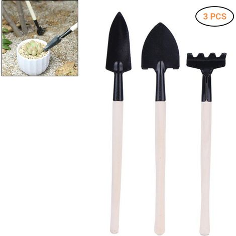 Lot de 3 mini outils de jardinage pour plantes : pelle, bêche et transplantoir à manche bois (1/3)