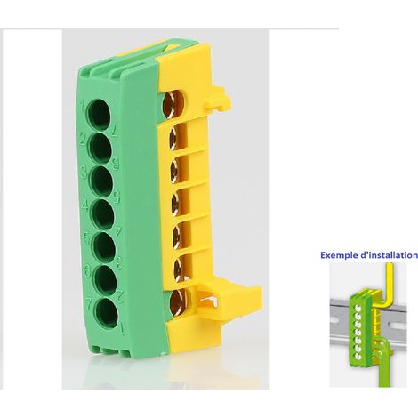 Borne de mise à la terre 7 pôles – Section de serrage 16 mm² – Couleur vert/jaune – Pour rail DIN – Pollmann (1/2)