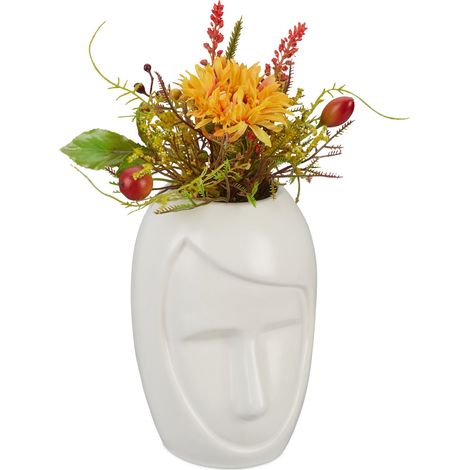 Relaxdays Vaso per Fiori, Portafiori con Volto Decorativo in Ceramica, Viso Stilizzato, HxLxP: 14,5x9,5x10,5 cm, Bianco