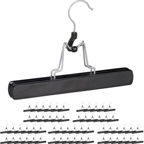 60 Perchas Pantalones, Ganchos Giratorios 360°, Pinzas para Faldas, Antideslizantes, 17 x 25 x 2,3 cm, Madera, Negro