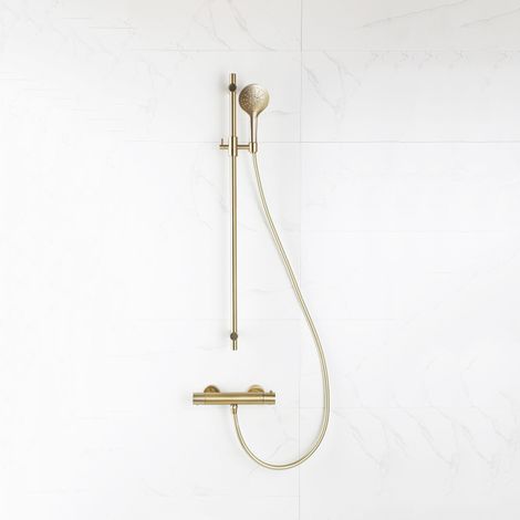 Fortifura Calvi Ensemble de douche barre curseur avec douchette ronde, flexible lisse et robinet de douche Laiton brossé PVD (1/5)