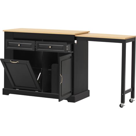 Îlot de cuisine sur roulettes avec plateau extensible, meuble noir de 112 à 180 cm avec rangements, tiroirs et coin repas (1/5)