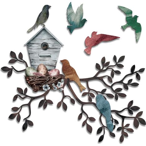 Décoration murale oiseau Tatuo – Nichoir métal forme feuille – Intérieur/extérieur – Jardin, cour, clôture