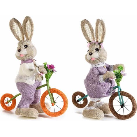 Coppia di Coniglietti Pasquali in Paglia con Bicicletta e Abito Decorazione Artigianale per la Casa Idea Regalo per Pasqua Set da 2 (1/2)