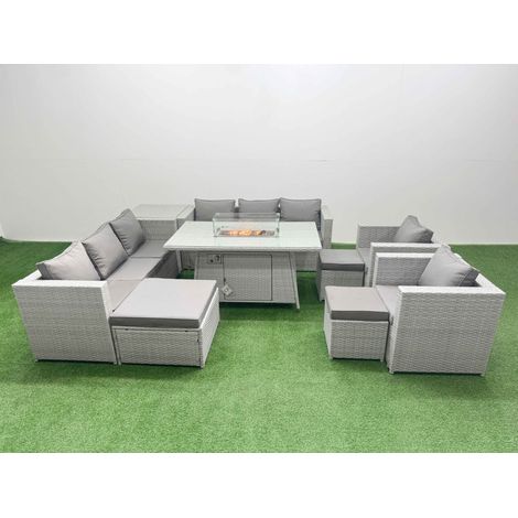 Fimous 11 Seat PE Rattan Lounge Sofa Set Outdoor Garden Furniture Set with Firepit Dining Table 3 Seater Sofa 3 Footstools Side Table Light Grey (1/5)