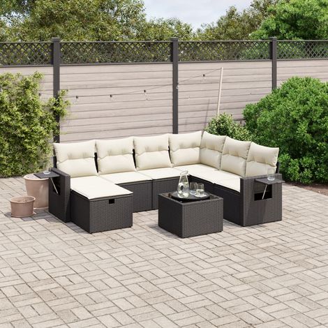 Ensemble de jardin 8 places en résine tressée noire avec coussins crème - Salon complet avec table en verre trempé, modulable et résistant aux intempéries (1/4)