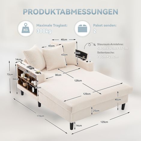 Canapé relax en velours côtelé avec méridienne, grande zone de repos, double porte-verres, lumière LED, poche latérale, espace de rangement, port USB, pieds en plastique robustes – utilisation polyval (1/4)