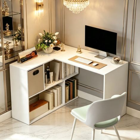Bureau d'angle 110x100x75 cm en panneaux de bois blanc, avec rangement pour bureau FloraGrace (1/5)