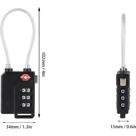 Cadenas de voyage à combinaison TSA 3 chiffres en acier pour valises et bagages (Noir) (1/4)