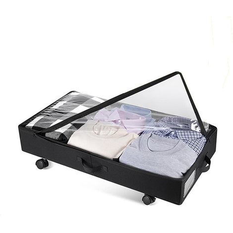 Coffre de rangement à roulettes sous le lit, grande capacité 75 L, pliable en tissu Oxford, avec couvercle transparent gris et noir (1 pièce). (1/5)