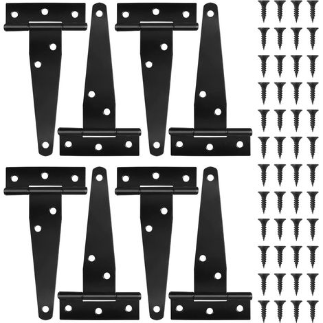 Lot de 8 charnières en T avec vis incluses, 10 cm (4 pouces), pour portes de cabanon, portes extérieures, clôtures, abris de jardin, armoires, noir, 6,4 x 13 pouces. (1/5)