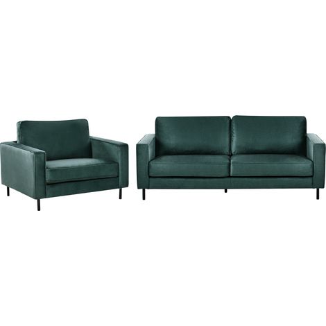 Conjunto de sala de estar moderno 3 plazas de terciopelo sofá y sillón patas de metal verde oscuro Savalen
