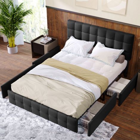 Letto imbottito con 4 cassetti, letto matrimoniale con rete a doghe, letto contenitore, testiera regolabile in altezza e cuciture a quadri, supporto a doghe in metallo, tessuto di lino (140 x 200 cm,