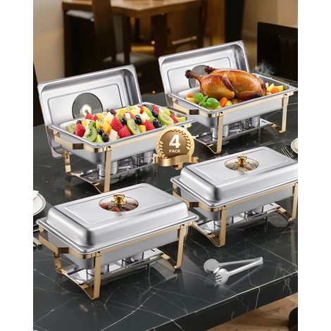 Chauffe-Plat Rectangulaire 4PCs 7,5 L, Buffet Chauffant avec 4 Bacs Pleine Taille, Réchaud en Acier Inoxydable, Couvercle en Verre, pour Buffet Libre-Service Hôtel Traiteur Restauration, Doré (1/5)