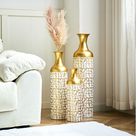 Jarrón de suelo set de 3 en metal, dorado y blanco, 50/66/85 cm, motivo floral HAVRYA (1/5)