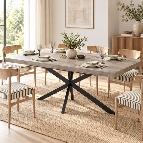 Table de salle à manger extensible 140-180x80 cm, plateau rectangulaire en MDF, rangement caché, pieds en X métal noir, pour 4-6 personnes - Gris (1/5)