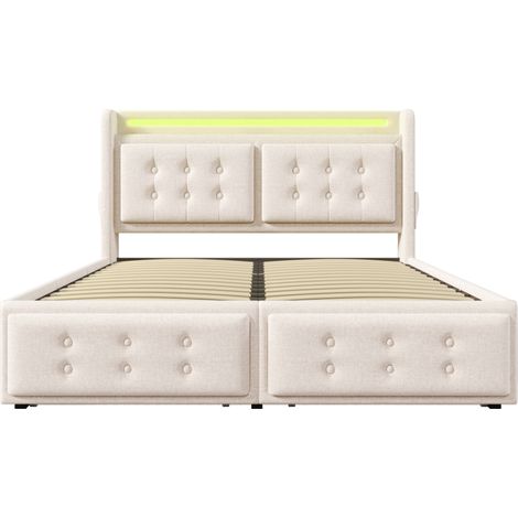 Cama tapizada 180x200 cm beige con LED, USB-C, 4 cajones, somier y marco metálico (1/5)