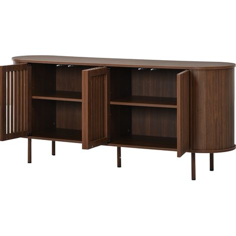 Credenza 160x40x70 cm in MDF effetto noce, 4 ante scorrevoli traforate, gambe in metallo (1/5)