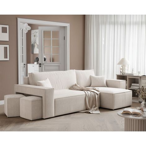 Ecksofa Schlafsofa Sofa ADARA inkl. Hocker Stoff Poso Altweiß Ottomane Rechts