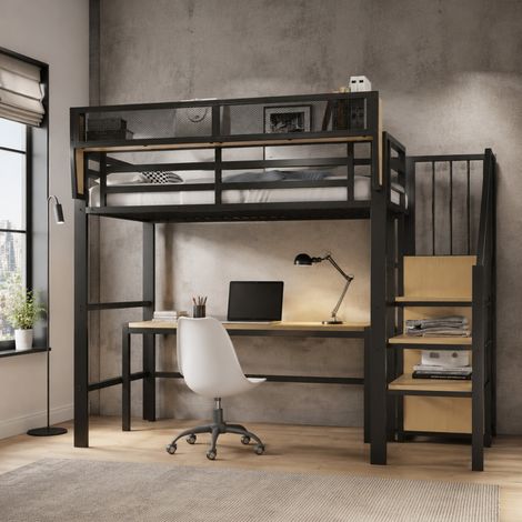 Lit mezzanine 90x200 cm métal noir avec bureau, gain de place, sans matelas – MEUBLIV (1/5)