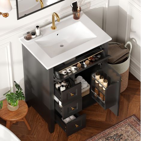 MODFU – Meuble sous vasque 61x47x86 cm MDF/céramique – Lavabo, tiroir abattant et 3 tiroirs – Finition brillante et 45 kg – Salle de bains – Noir brillant (1/5)