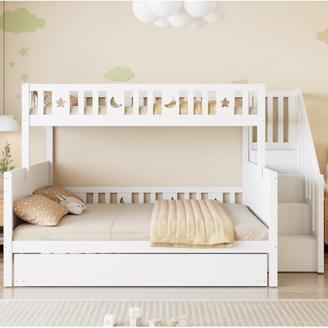 Litera infantil 90x200/140x200 con escalera de almacenaje, cama nido, blanca HAVRYA (1/5)
